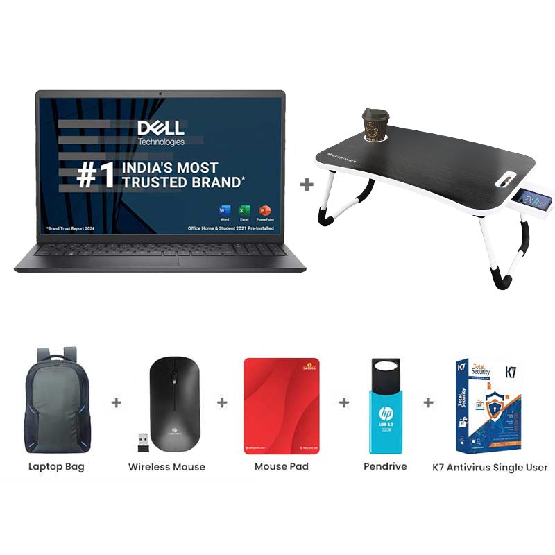 Picture of Dell Inspiron 3530 - 13th Gen Intel Core i5-1334U 15.6" (39.62cm) Thin & Light Laptop (16GB/ 512GB SSD/ Full HD Display/ Windows 11 Home/  MS Office 2021/ Intel UHD Graphics/ 1 Year Warranty/ Carbon Black/ 1.62 kg)  with Laptop Table + Laptop Bag + Wireless Mouse + Mouse Pad + Pendrive + K7 Antivirus Single User